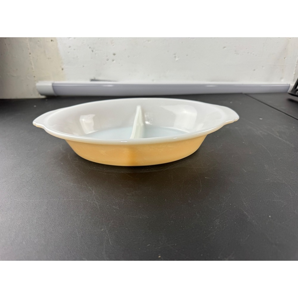 Vintage Fire King Divided Serving Dish Yellow Orange Opalescent Oval Casserole